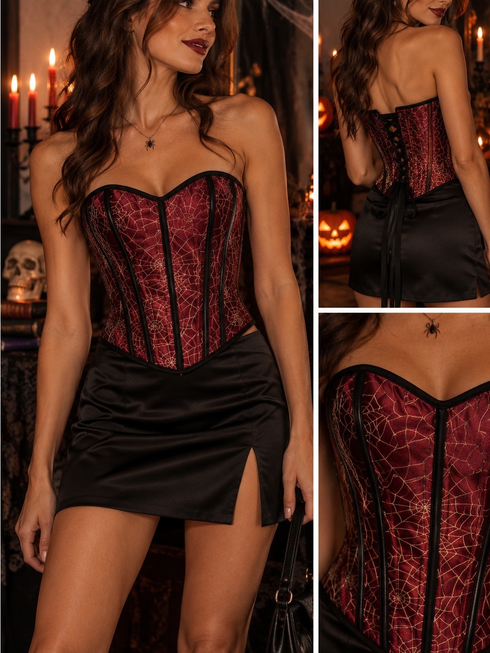 Women's Strapless Red Spiderweb Lace-Up Corset Bustier